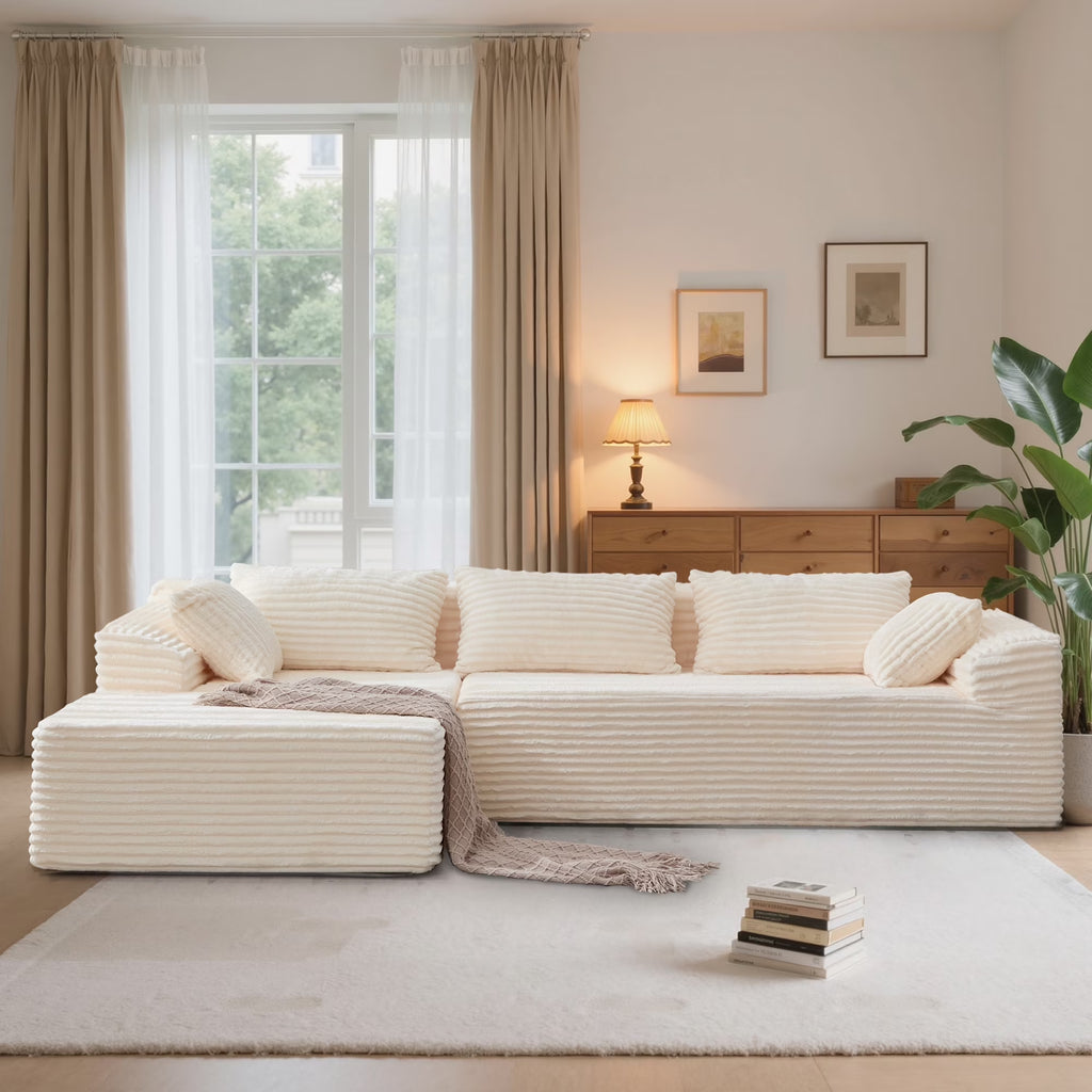 108" Oversized L-Shaped Sectional Sofa Modern Modular Cloud Couch with Deep Seating Upholstered Corduroy Sofa for Living Room Bedroom,No Assembly Required，Beige